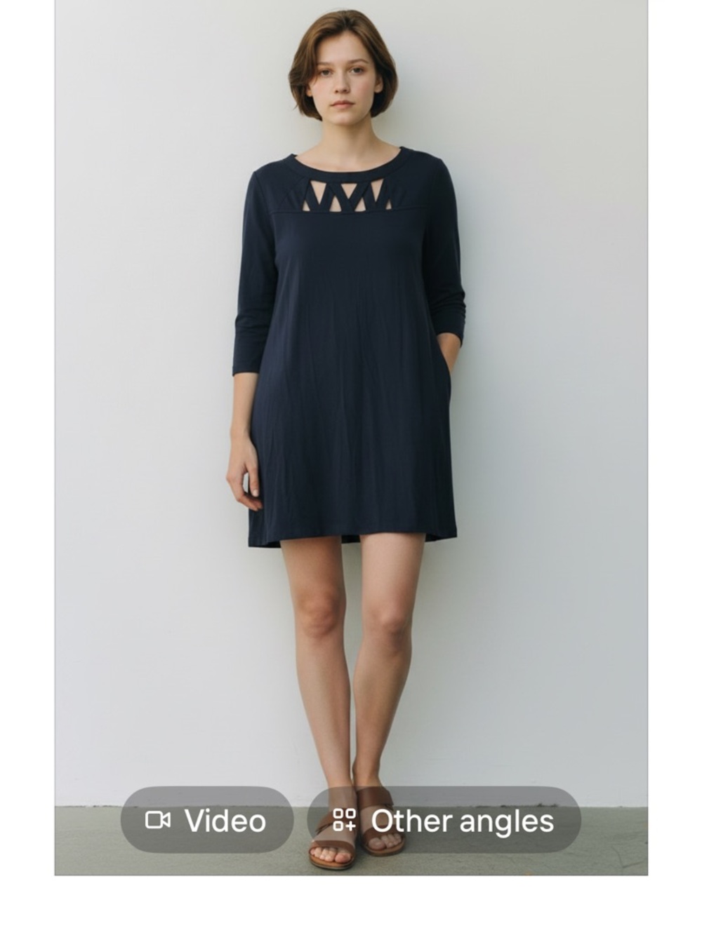 Joan Vass Navy Cutout Neck 3/4 Sleeve Mini Dress